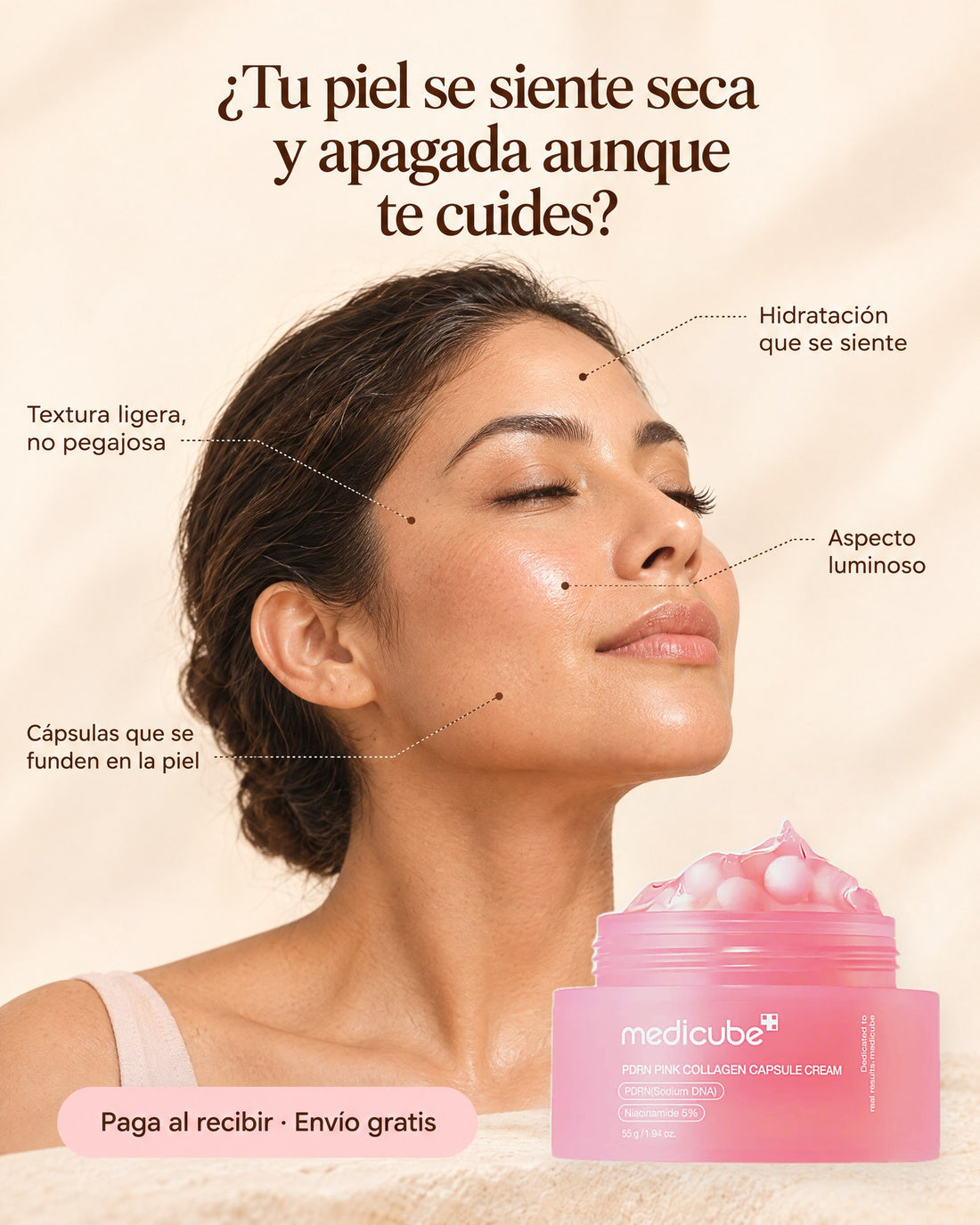 Medicube PDRN Pink Collagen Capsule Cream abierta, con cápsulas rosas sobre gel ligero