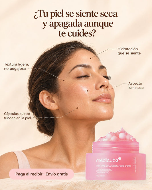 Medicube PDRN Pink Collagen Capsule Cream abierta, con cápsulas rosas sobre gel ligero
