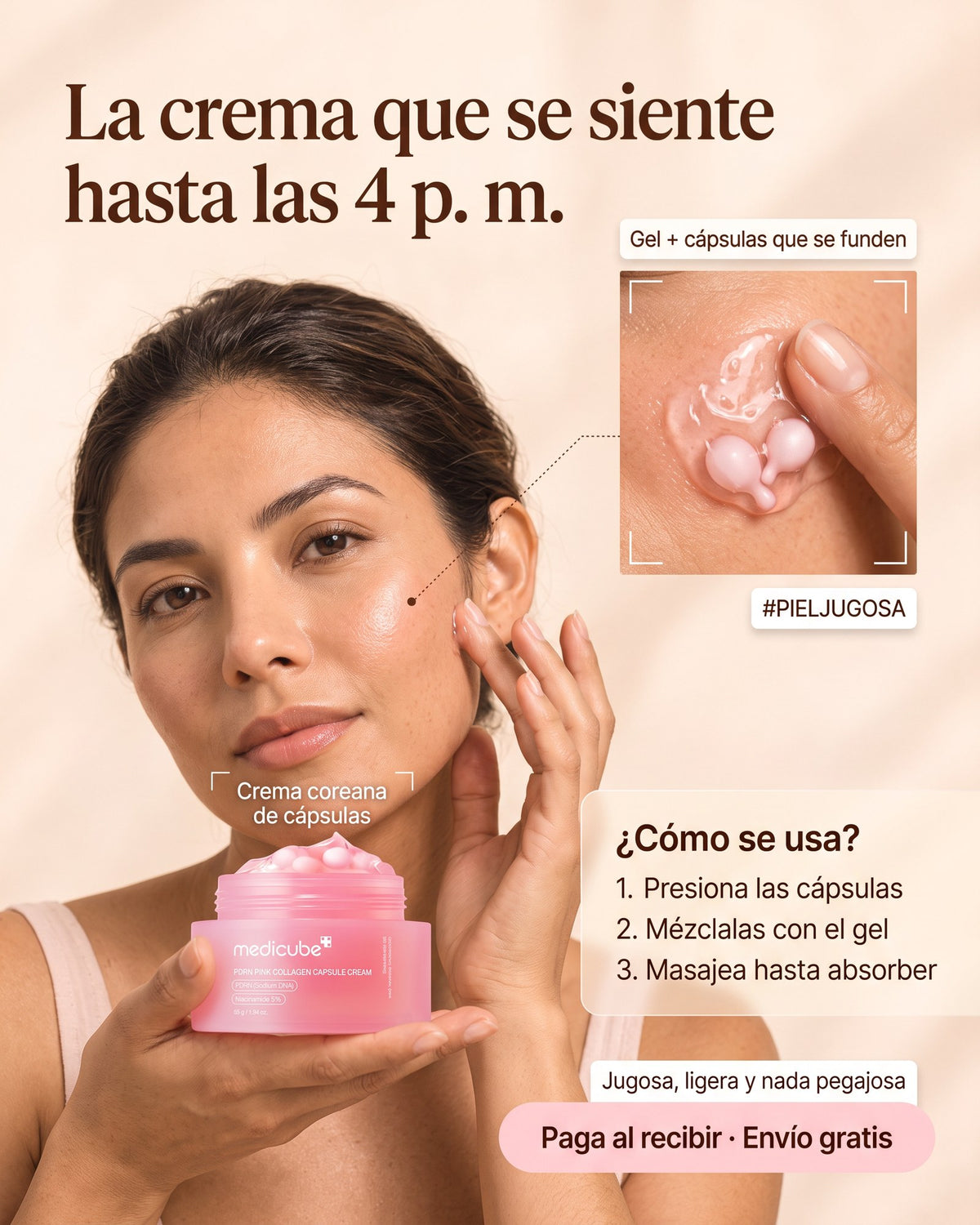 Textura en gel ligero con cápsulas rosas de la crema Medicube PDRN al aplicarse en la piel