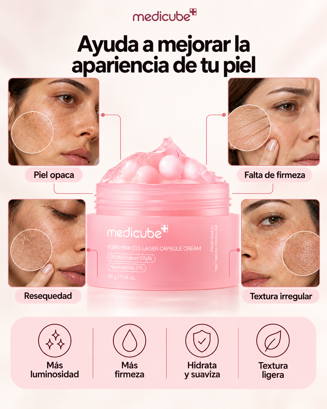 Medicube PDRN Pink Collagen Capsule Cream con sus beneficios: luminosidad, hidratación y textura ligera